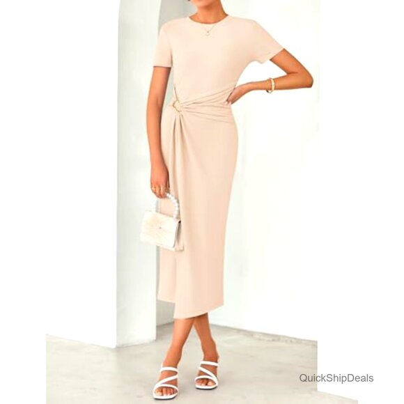 Short Sleeve Midi Dress Ruched Split Cocktail Wedding Guest Wrap - Picture 3 of 7